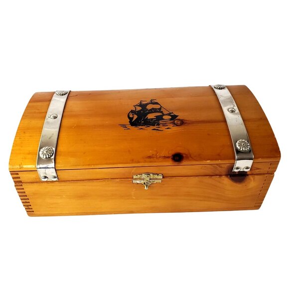 Other - VTG Cedar Chest: Dove Tailed Wooden Box Nautical Clipper Ship Treasure Chest